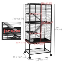 PawHut Rolling Small Animal Cage 53.5"H Chinchilla Cage for Ferrets, Squirrels w/ Removable Tray, Storage Shelf, Black(m-3)