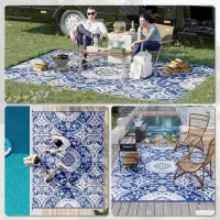 Outsunny Outdoor Rug for Patio, 9' x 12' Waterproof Large Mat, Reversible Plastic Straw Rug for Decor, Portable Outside RV Camping Area Carpet Mat for Backyard Porch Deck Picnic, Blue & White Floral(m-5)