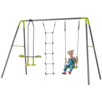 HOMCOM 3 in 1 Kids Swing Set, Double Face to Face Swing Chair & Glider Set, Climbing Ladder A-Frame Outdoor Heavy Duty Metal Swing Set for Backyard Playground(m-2)