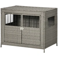 PawHut Rattan Dog Crate with Double Doors, Wicker Dog Cage with Soft Washable Cushion, Dog Kennel Furniture Outdoor Indoor for Medium to Large Sized Dogs, Gray(m-11)