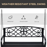 Outsunny 50"L Steel Porch Swing Fleur-De-Lis Patio Swing Chair Hanging Bench Outdoor 2-person Glider Chair Seat w/ Chain Antique Style Black(m-7)