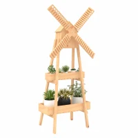 Outsunny Outdoor Plant Stand, 2 Tier Wood Flower Stand with Windmill, Garden Decor Plant Shelf with Built-in Mini Bird House, Great for Indoor/Outdoor(m-1)