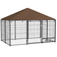 PawHut 6.9' x 4.6' x 5' Outdoor Dog Kennel with Canopy, Rotating Bowls, Coffee(m-11)