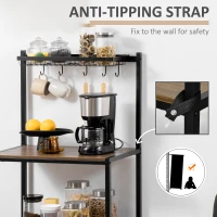 HOMCOM Industrial Multifunctional Kitchen Bakers Rack, Microwave Stand, Coffee Bar Station with Storage Shelves, Wire Basket, 5 Hanging Hooks, Walnut(m-6)