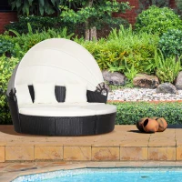 Outsunny 4 Pieces Outdoor Daybed with Retractable Canopy, PE Rattan Wicker Round Sofa Day Bed, Patio Sectional  Conversation Furniture Set with Cushions and Pillows, Cream White(m-8)