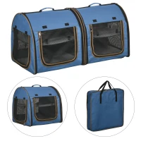 PawHut 39" Portable Soft-Sided Cat Carrier, Cat Kennel, Travel Dog Crate with Divider, Two Compartments, Soft Cushions & Storage Bag, Easy to Fold, Blue(m-9)