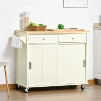 HOMCOM Rolling Kitchen Island, Kitchen Cart on Wheels with Rubberwood Top, 2 Drawers, Towel Rack, Cream White(m-8)