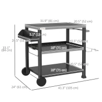 Outsunny 3-Shelf Outdoor Grill Cart Table with Side Handle, Stainless Steel Pizza Oven Stand on Wheels, Black(m-3)