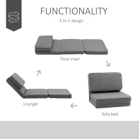 HOMCOM Convertible Flip Chair, Folding Upholstered Floor Sofa, Adjustable Guest Chaise Lounge, Dorm Bed with Metal Frame for Living Room and Bedroom, Dark Gray(m-4)