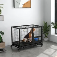 PawHut 36" Heavy Duty Dog Kennel w/ Bowl Holder, Wheels, Openable Top, Removable Tray for Medium & Large Dogs, Black(m-10)