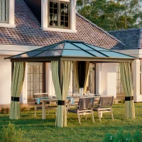 Outsunny 10 x 12ft Garden Outdoor Aluminium Gazebo Hardtop with LED Solar Light Canopy Marquee Party Tent  Shelter with Mesh Curtains & Side Walls(m-8)