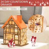 HOMCOM Wooden Christmas Advent Calendar House, Light Up Table Holiday Decoration with 24 Countdown Drawers and LED Lights, for Kids and Adults, Natural and Orange(m-5)