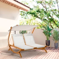 Outsunny Wooden Outdoor Double Chaise Lounge, Patio Loveseat Tanning Chair with Adjustable Canopy Shade, 3-Level Backrest, Removable Pillows for 2 People for Poolside, Beige(m-8)