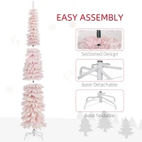 HOMCOM 6ft Snow-Flocked Artificial Christmas Tree, Slim Pencil Xmas Tree with 395 Realistic Branches, Metal Base, Pink(m-6)