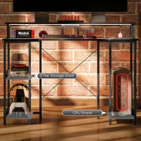 HOMCOM Computer Desk with Storage, 47" Reversible Computer Table with Power Outlets and LED Lights, Distressed Black(m-8)