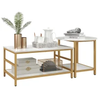 HOMCOM Coffee Tables Set of 2, Rectangle and Round Coffee Table with Storage Shelves, Faux Marble Top, Living Room Table Set(m-1)