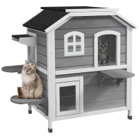 PawHut 2-Storey Outdoor Cat House, Wooden Catio with Openable Roof, Lounge Space, Fun Entrances, for Feral Cats, Grey(m-2)
