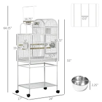 PawHut 55" Large Parrot Cage with Toy Hooks Above Top Bird Perch, Tray, Food Cups, Rolling Stand, Bird Cage for Cockatiels, Parakeets, Lovebirds(m-3)