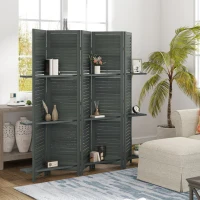 HOMCOM 5 Panel 67" Tall Wood Privacy Screen Room Divider with 3 Shelves and Folding Storage for Bedroom, Gray(m-2)