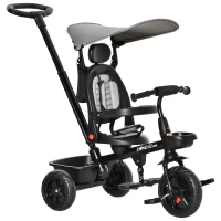 Qaba Kids Tricycle 4 In 1 Trike with Reversible Angle Adjustable Seat Removable Handle Canopy Handrail Belt Storage Footrest Brake Clutch for 1-5 Years Old Grey(m-2)