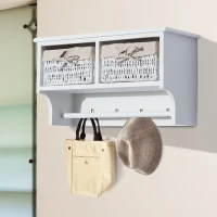 HomCom Rustic Country Floating Storage Shelf With Coat Hooks And 2 Removable Baskets - White(m-7)