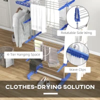HOMCOM Garment Drying Rack Stainless Steel Folding Clothes Hanging Rack with Side Wings Castors for Indoor Outdoor Blue(m-5)