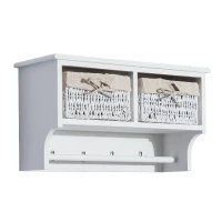 HomCom Rustic Country Floating Storage Shelf With Coat Hooks And 2 Removable Baskets - White(m-8)