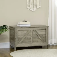 HOMCOM Storage Trunk Box Organizer with Farmhouse Panel, Safety Hinge to Open Up 100°, Grey Wood Grain(m-8)