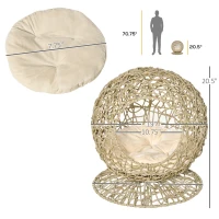 PawHut Rattan Elevated Cat Bed Kitty Condo with Comfortable Soft Cushion, Wicker Construction and Round Base, Brown(m-3)