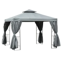Outsunny 10' x 10' Patio Gazebo Outdoor, Canopy Shelter with Double-tier Roof, Pavilion Sidewalls for Garden Events, Dark Grey(m-2)