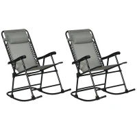Outsunny 2pc Patio Foldable Rocking Chair Set w/ Breathable Mesh Seat & Backrest, Headrest for Park, Backyard, Garden, Grey(m-11)