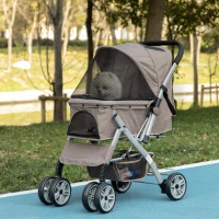 PawHut Dog Stroller for Small Dogs Cats, 4 Wheels One-Click Fold Pet Stroller with Swivel Wheels, Brake, Basket Storage, Safety Belts, Adjustable Canopy, Zippered Mesh Window Door, Brown(m-10)