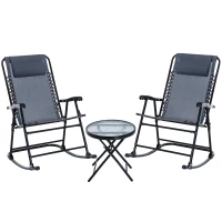 Outsunny 3pc Patio Rocking Chair Set, Folding Outdoor Rocking Chairs and Table Bistro Set w/ Breathable Mesh Seat & Backrest, Headrest for Park, Backyard, Garden, Grey(m-11)