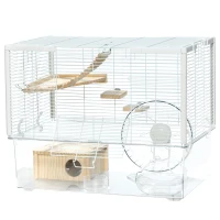 PawHut Hamster Cage with Deep Bottom, Wooden Ramp, Hut, Bathroom and Exercise Wheel for Hamster and Gerbil, White(m-2)