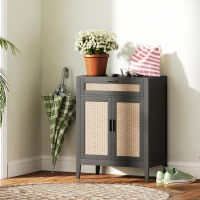 HOMCOM Kitchen Sideboard, Boho Storage Cabinet with 2 Rattan Decorated Doors and Drawer for Dining Room, Black(m-8)