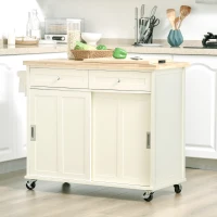 HOMCOM Rolling Kitchen Island, Kitchen Cart on Wheels with Rubberwood Top, 2 Drawers, Towel Rack, Cream White(m-1)
