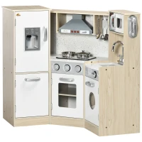 Qaba Wooden Play Kitchen with Lights Sounds, Corner Kids Kitchen Playset with Play Phone, Ice Maker, Microwave, Range Hood, Refrigerator, Utensils, Gift for Ages 3-6 Years Old, White(m-11)