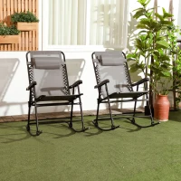 Outsunny 2pc Patio Foldable Rocking Chair Set w/ Breathable Mesh Seat & Backrest, Headrest for Park, Backyard, Garden, Grey(m-8)