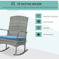 Outsunny 3 Piece Patio Rocking Chair Set, 2 PE Wicker Rocking Chairs, Cushioned, 1 Two-Tier Wood Slat Coffee Table, Rattan Front Porch Furniture, Blue(m-4)