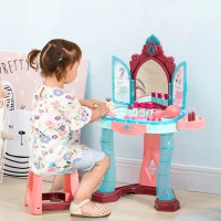 Qaba Kids Vanity Set with Self-Opening Magic Mirror, Princess Makeup Vanity Table Set with Music, Tabletop with Lights, Imaginative Toy for 3-6 Years Old Child(m-2)