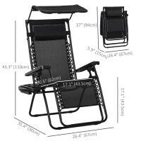 Outsunny Outdoor Zero Gravity Reclining Lounger Chair with Canopy Shade, Side Tray, Cupholder, Black(m-3)