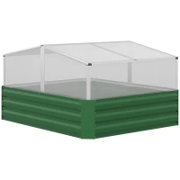 Outsunny Steel Planters for Outdoor Plants with Greenhouse Galvanized Raised Garden Bed for Flowers, Herbs and Vegetables, Green(m-11)