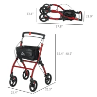 HOMCOM Upright Walker Rollator, Rolling Walker with Storage Bag, Tray, Dual Brakes, Adjustable Height, for Seniors, Red(m-3)