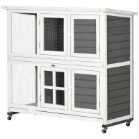 PawHut 2 Tier Wooden Rabbit Hutch with Wheels, Waterproof Roof, Removable Tray for Outdoor & Indoor, Dark Grey(m-2)