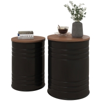 HOMCOM Round Storage Ottoman Set of 2, Nesting Ottomans with Wooden Lid, Metal Frame and Hidden Storage Space for Bedroom