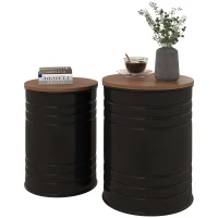 HOMCOM Round Storage Ottoman Set of 2, Nesting Ottomans with Wooden Lid, Metal Frame and Hidden Storage Space for Bedroom(m-1)