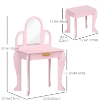 Qaba Kids Dressing Table and Chair Set, Girls Dressing Set, Makeup Desk with Drawer for 3-6 Years Old Kids, Pink(m-3)