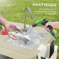 Outsunny Folding Fish Cleaning Table with Sinks, Portable Camping Sink Table with Faucet, Drainage Hose, Sprayer, Shelf, Drawer and Storage Basket, Outdoor Fillet Table for Picnic Beach Patio, Tan(m-5)