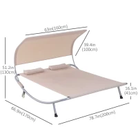 Outsunny 79" Outdoor Lounge Chair with Canopy, Double Chaise Lounger Hammock Bed w/ Pillow and Wheels, Sand(m-3)
