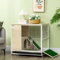 PawHut Indoor Rabbit Hutch Furniture with Wheels, Bunny Cage Side Table with Removable Tray, Water Bottle, Top Access, Oak, 31" x 21" x 30"(m-8)